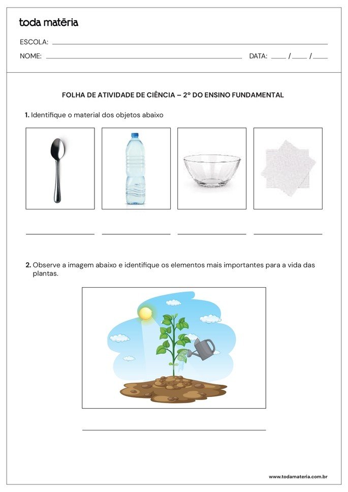Folha de atividade de ciências para o 2º do ensino fundamental - Luz e calor