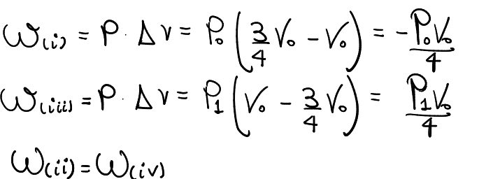 Trabalho calculado para cada processo através da termodinâmica.