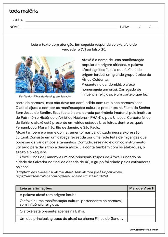 Atividade sobre a manifestação cultural e religiosa do afoxé