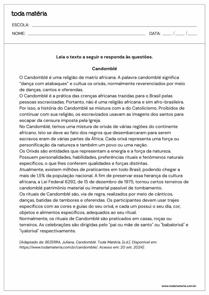 Texto para atividade sobre o Candomblé