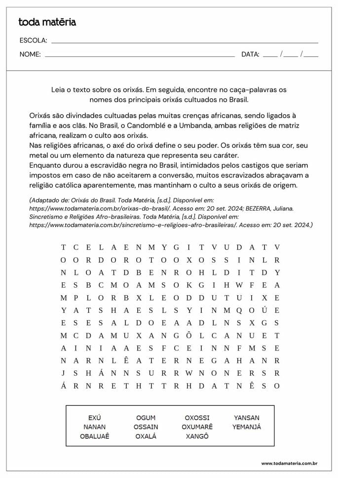 Atividade caça-palavras sobre orixás