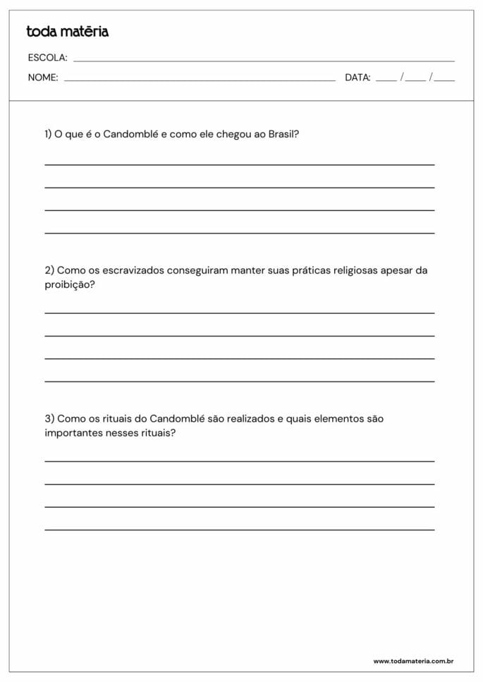 Atividade sobre o Candomblé