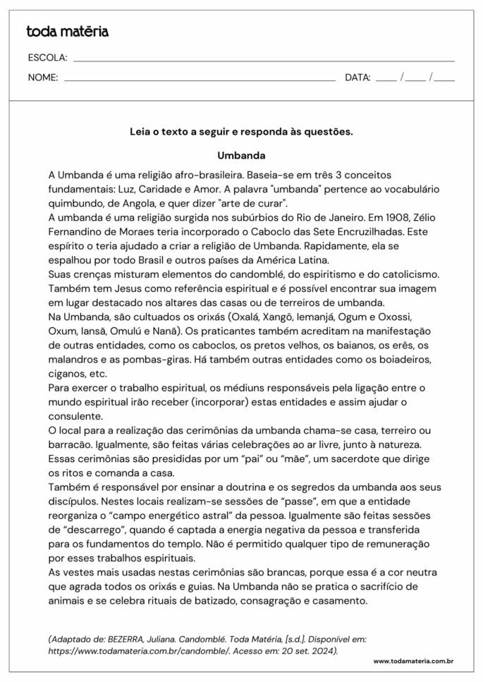 Texto para atividade sobre a Umbanda