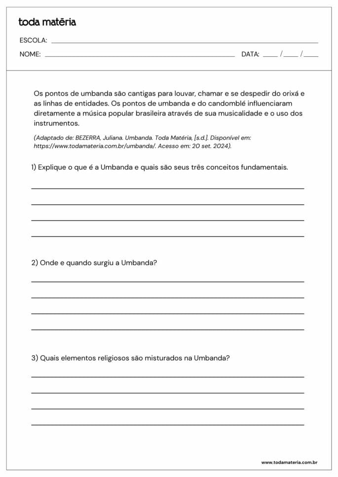 Atividade sobre a Umbanda