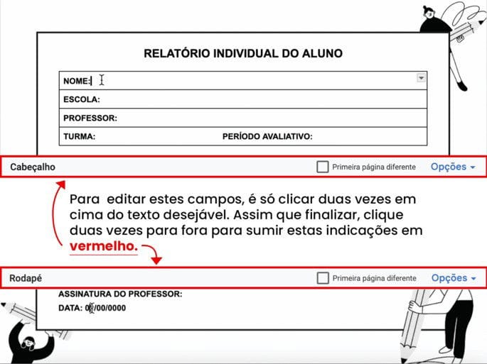 como editar campos do relatório educação infantil