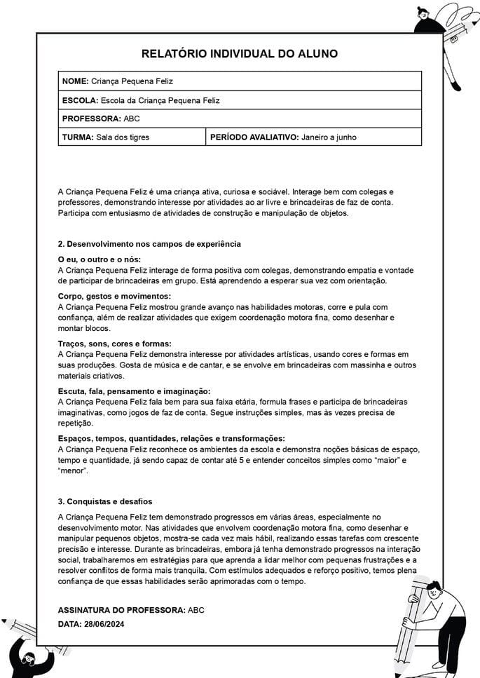 Exemplo de relatório individual para educação infantil de criança bem pequena