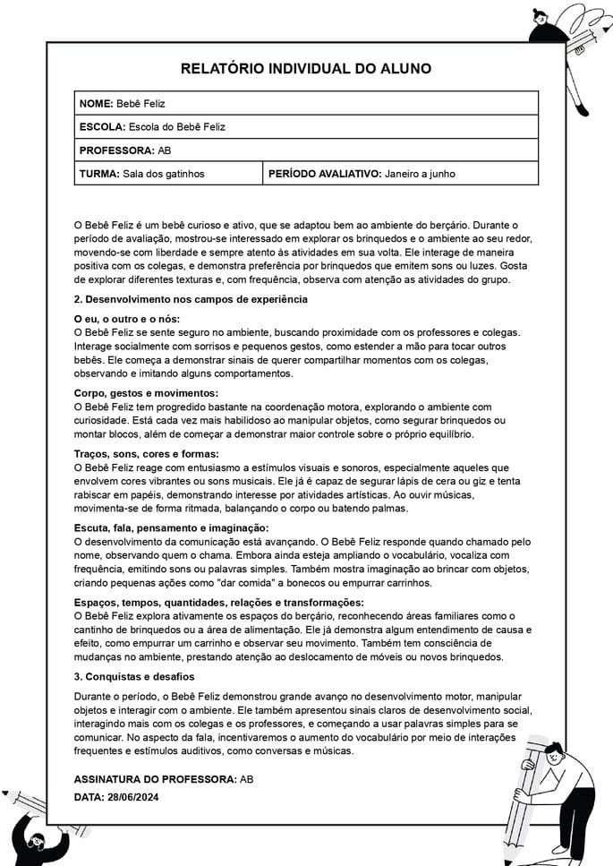 Exemplo de relatório individual para educação infantil de bebê