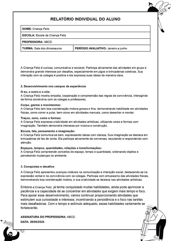 Exemplo de relatório individual para educação infantil de criança pequena