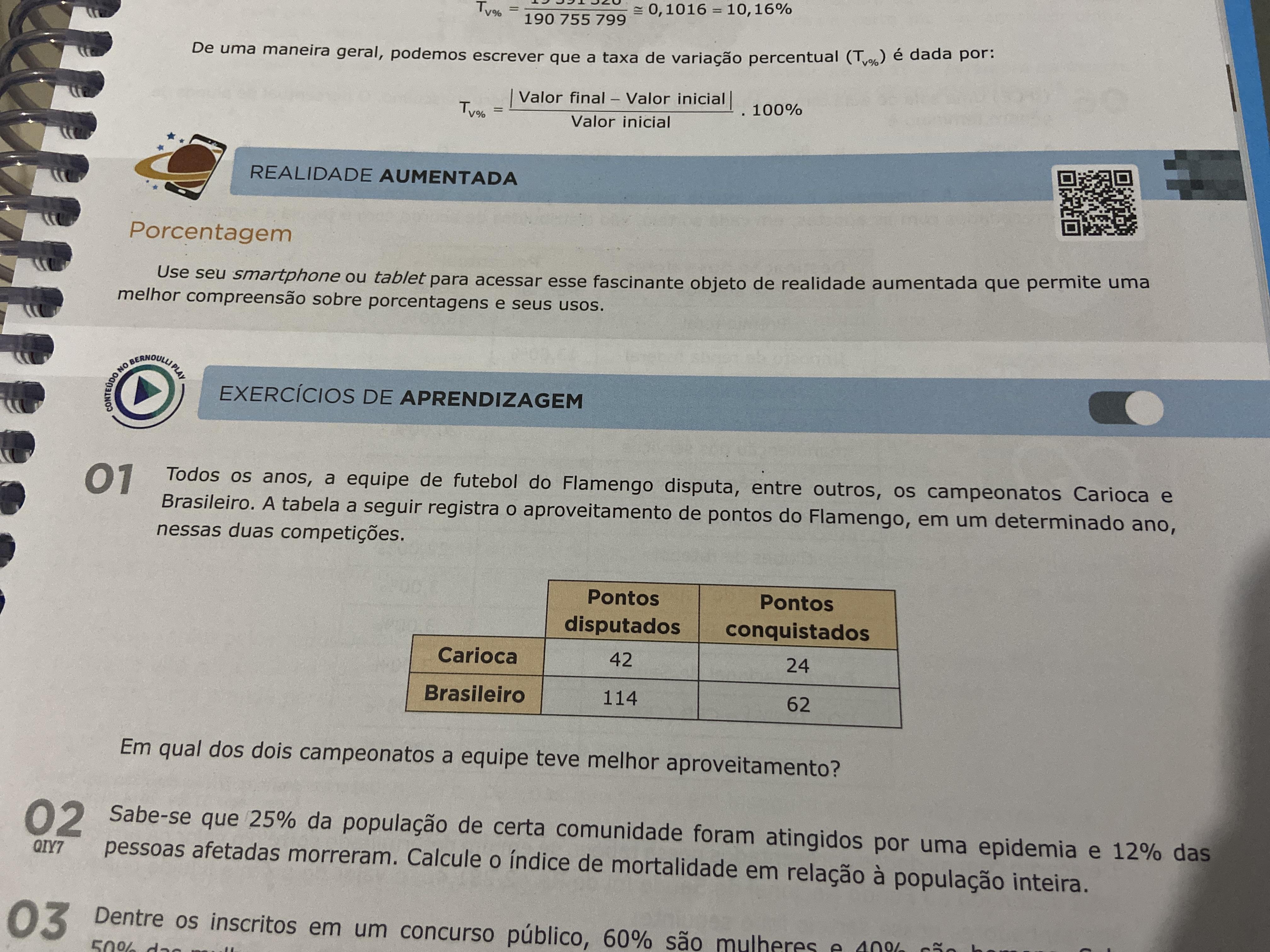 todos os anos, a equipe de futebol do flamengo disputa, entre outros, os campeonatos carioca e brasileiro. A tabela a seguir registra o aproveitamento d