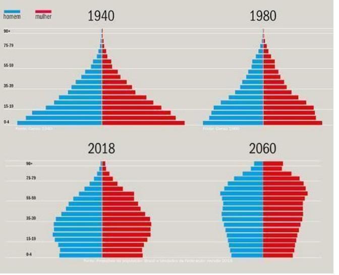Observando os gráficos acima e analisando as informações sobre a estrutura populacional brasileira, podemos entender que as previsões pa