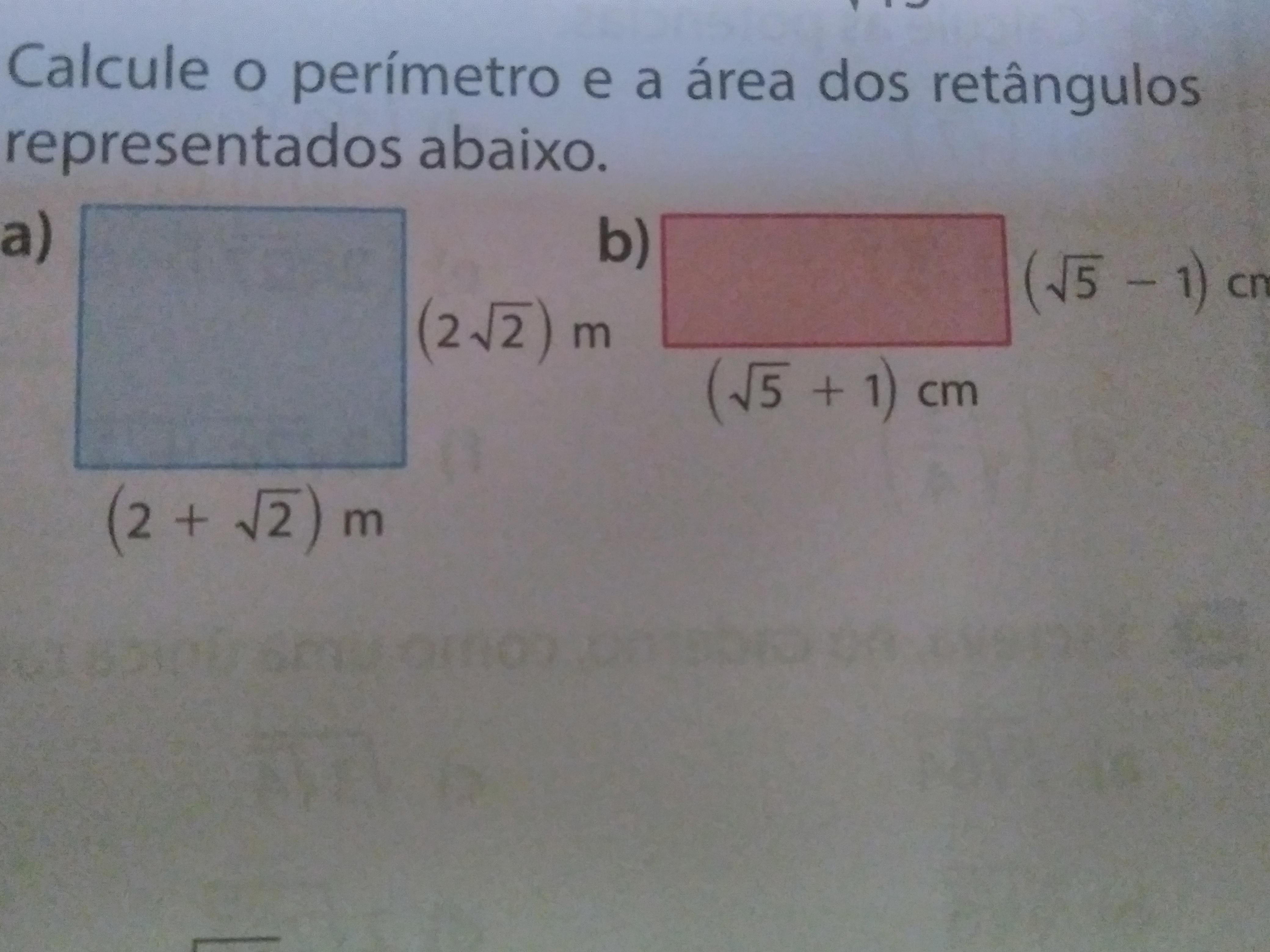 Calcule o perímetro e a área dos retângulos reapresentado