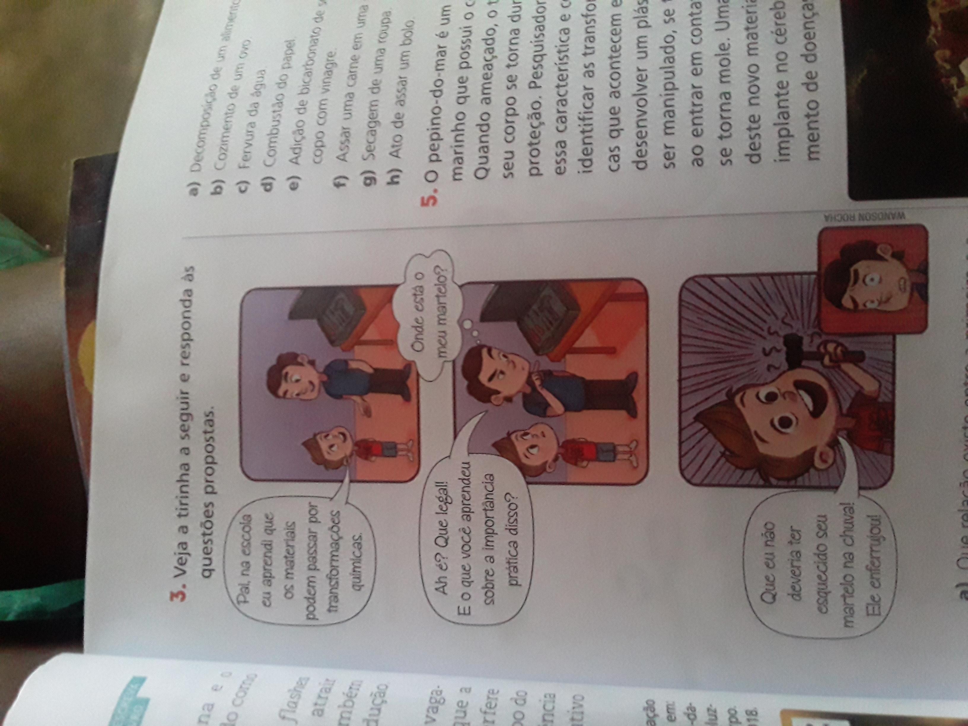 A)Que relação existe entre a primeira e a última fala do menino?B) qual evidência de transformação química parece um terceiro quadrinho?