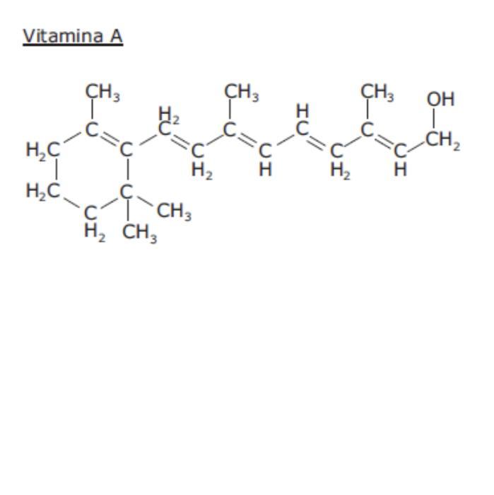 Identifique na estrutura da vitamina A, abaixo os carbonos primários (p), secundários (s), terciários (t) e quaternários (q).