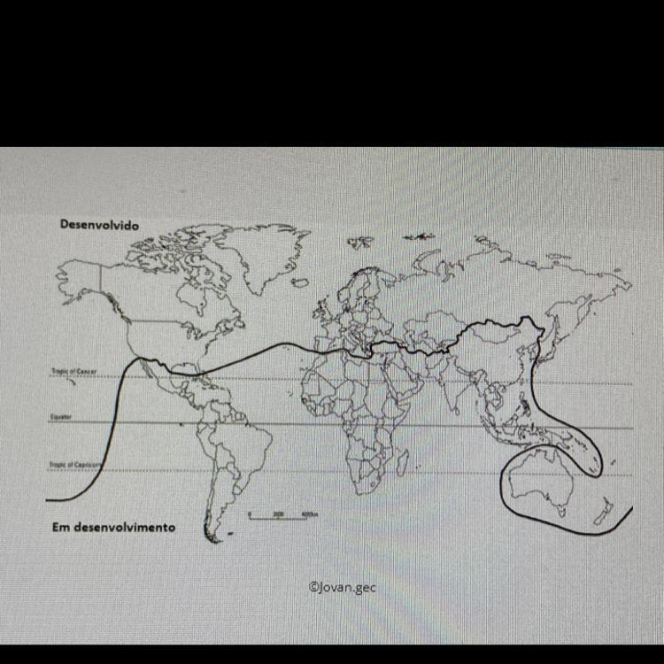 observe o mapa, atentando-se às características da regionalização estabelecida após o término da guerra fria, que dividia o planeta em dois nívei