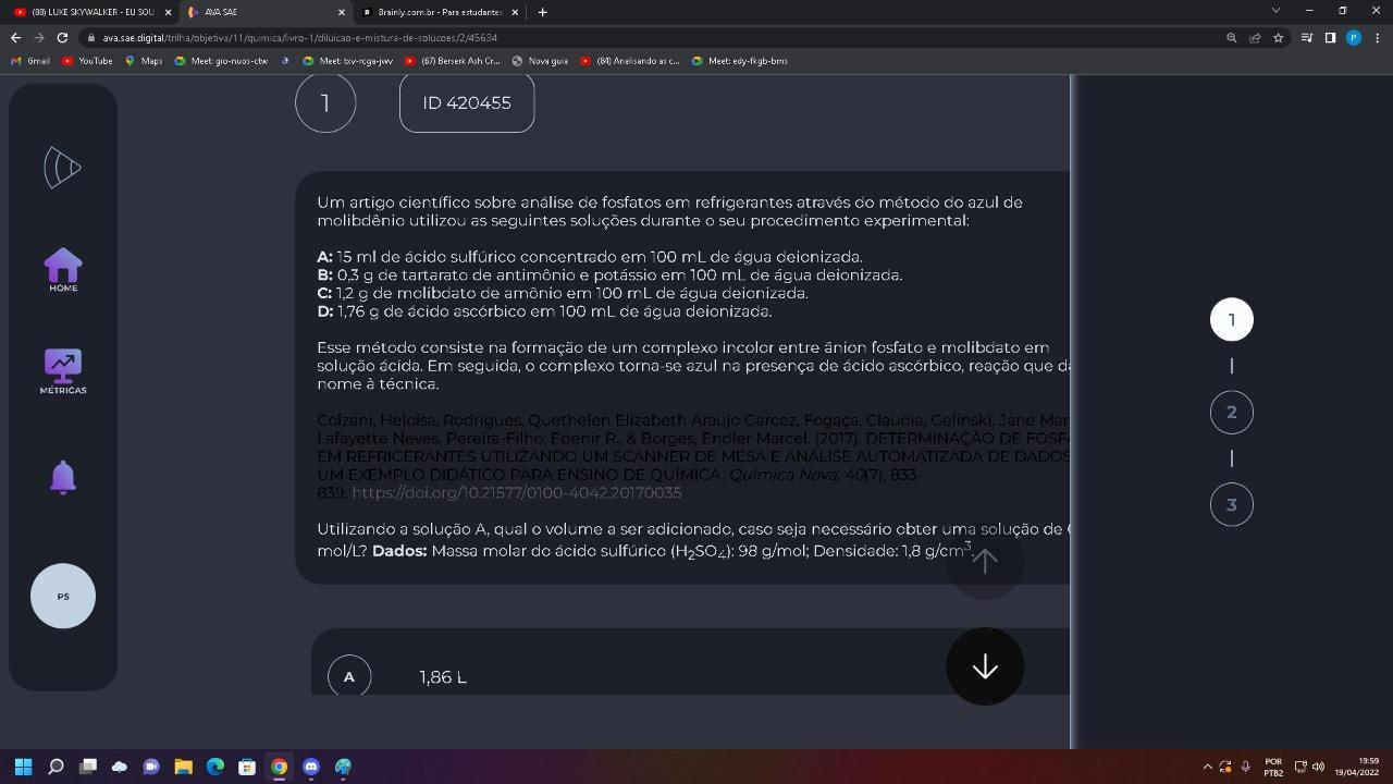 Utilizando a solução A, qual o volume a ser adicionado, caso seja necessário obter uma solução de 0,14 mol/l ? Dados: Massa molar do ácido sulfúr