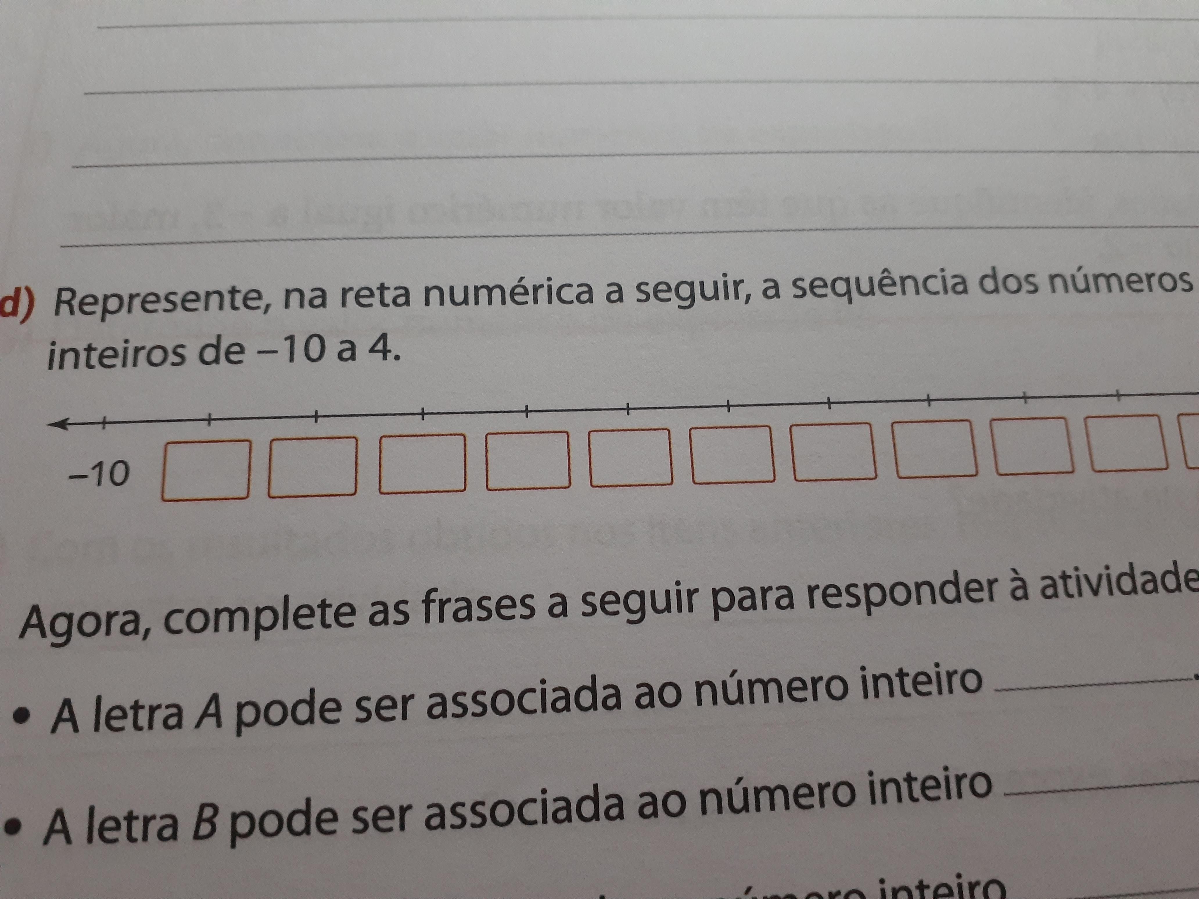 Represente, na reta numérica a seguir, a sequência dos números inteiros de -10 a 4.