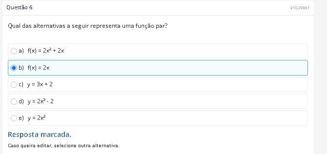 Qual das alternativas a seguir representa uma função par?