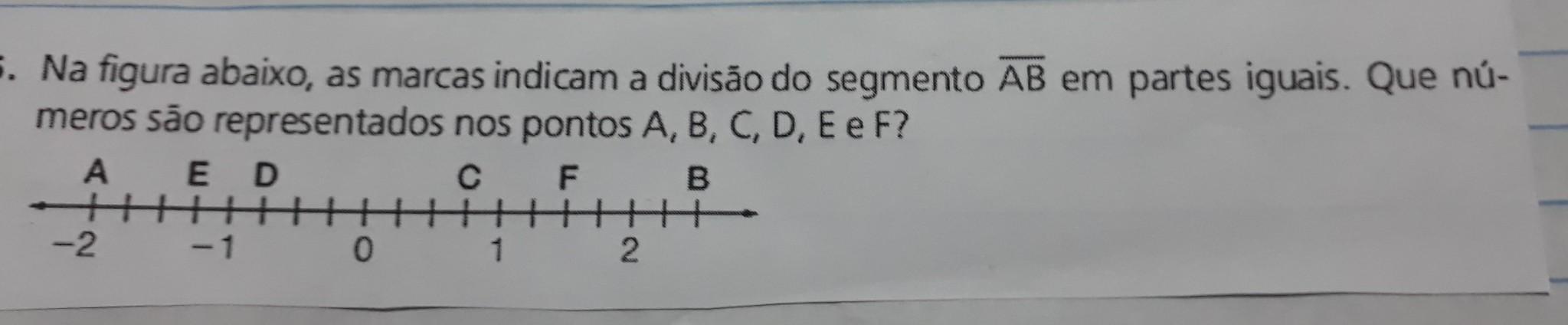 na figura abaixo, as marcas indicam a divisão do segmento AB em partes iguais. Que números são representados nos pontos A,B,C,D,E e F?