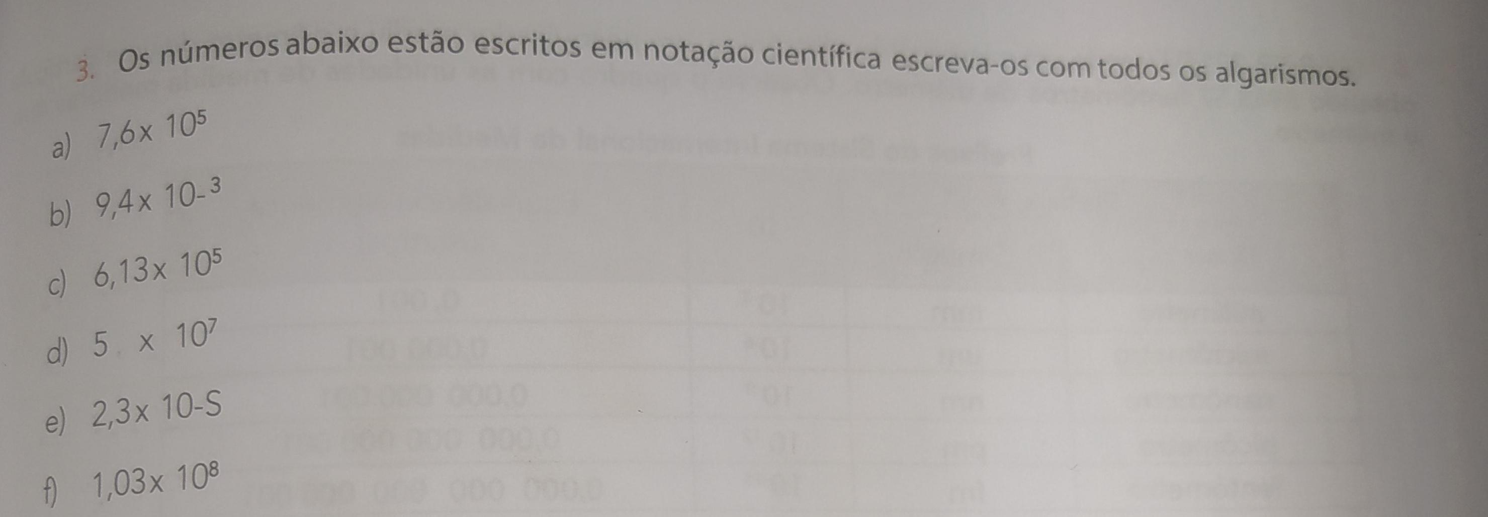 Os números abaixo estão em notação científica escreva-os com todos os algoritmos.