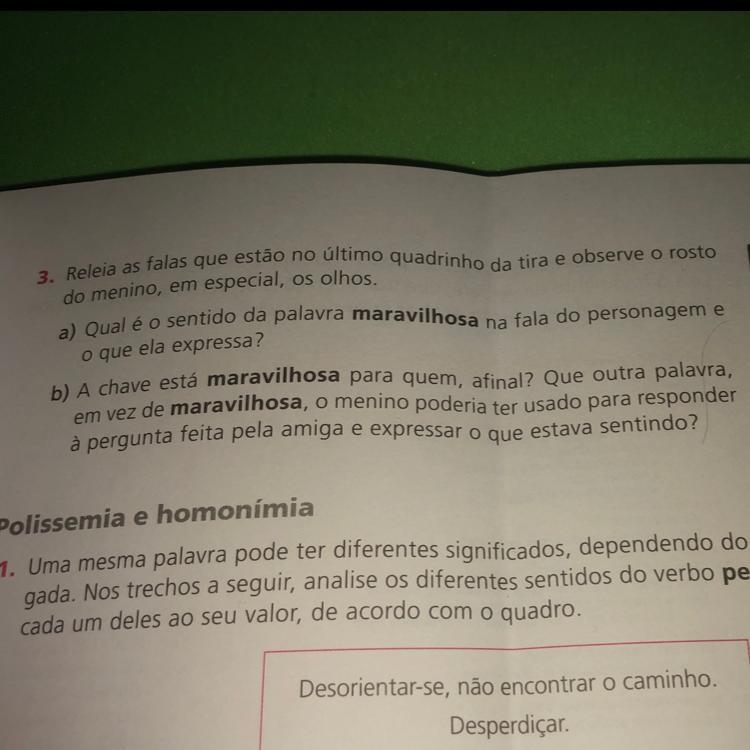 3. Releia as falas que estão no último quadrinho da tira e observe o rostodo menino, em especial, os olhos.a) Qual é o sentido d
