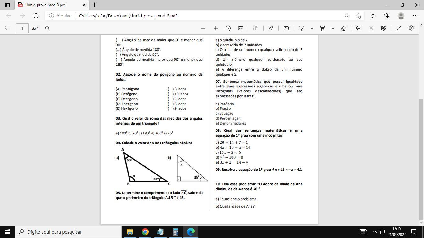 09. Resolva a equação do 1º grau 4 x + 11 = – x + 41.