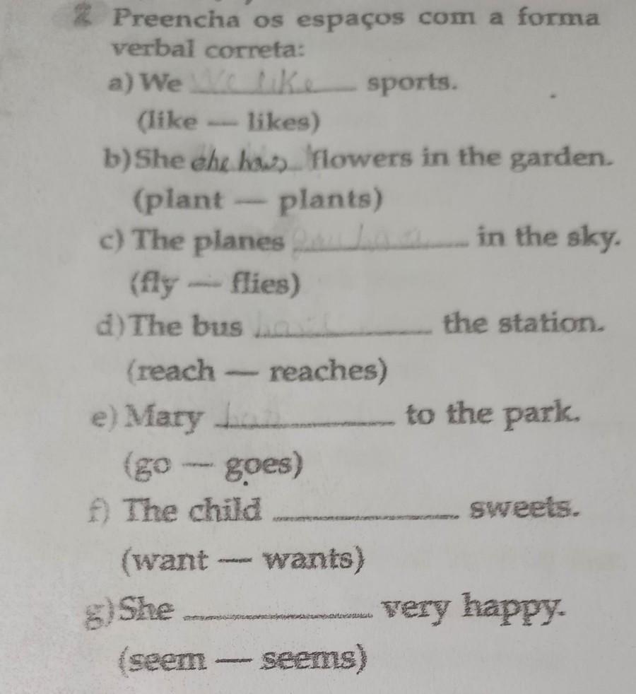 Preencha os espaços com a forma verbal correta: a) sports. (like -likes) b)She che how flowers in the garden. (plant plants) c) The planes de Load in t