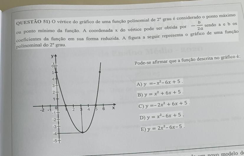 QUESTÃO S1) O vértice do gráfico de uma função polinomi