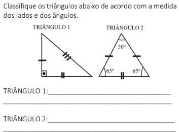 Classifique os triângulos abaixo de acordo com a medida dos lados e dos ângulos. TRIANGULO 1 TRIÂNGULO 2 50° 丰 65 65 # TRIÂNGULO 1: TRIÂNGULO 2: