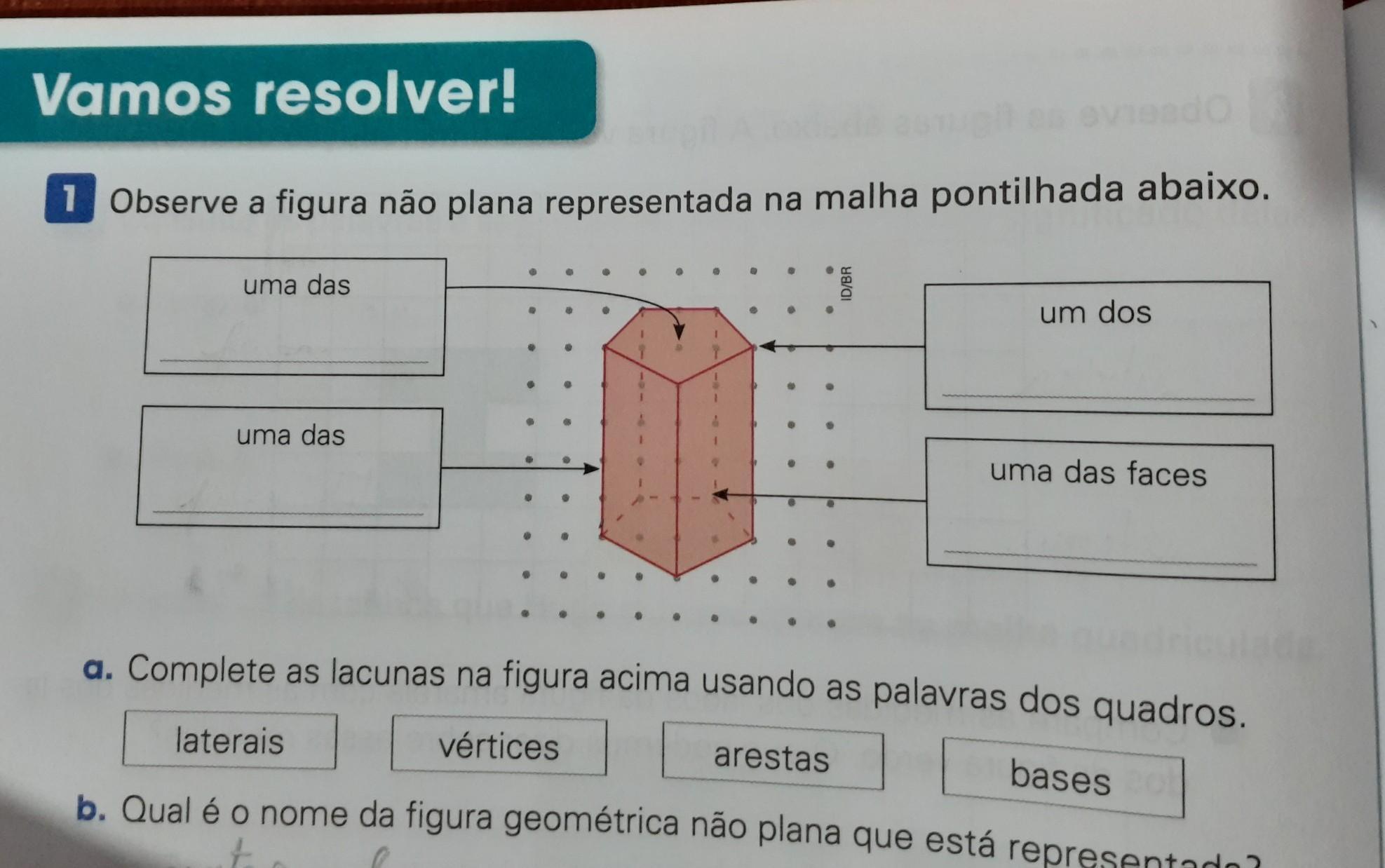 observe a figura não plana representada na mala pontilhada abaixo.a) complete as lacunas na figura acima usando as palavras dos quadros.
