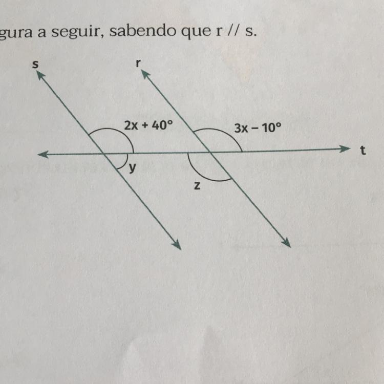 Calcule x,y e z na figura a seguir, sabendo que r//s