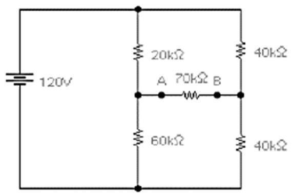 Utilizando o teorema de Norton, determine a tensão e a corrente na resistência entre os nós A e B:a. V = 20V e i = 0,28mA.b. V = 10V e