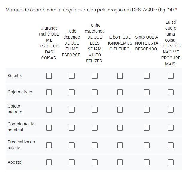 Marque de acordo com a função exercida pela oração em DESTAQUE: (Pg. 14) *O grande mal é QUE ME ESQUEÇO DAS COISAS. Tudo depende DE QUE EU