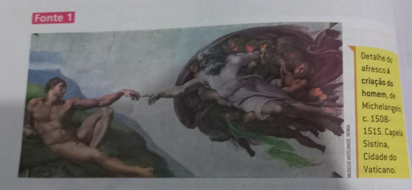 Como os personagens da obra *A criação do Homem, de Michelangelo* estão representados???