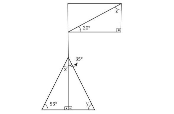 Calcule as medidas dos ângulos indicados pelas letras x, y e z