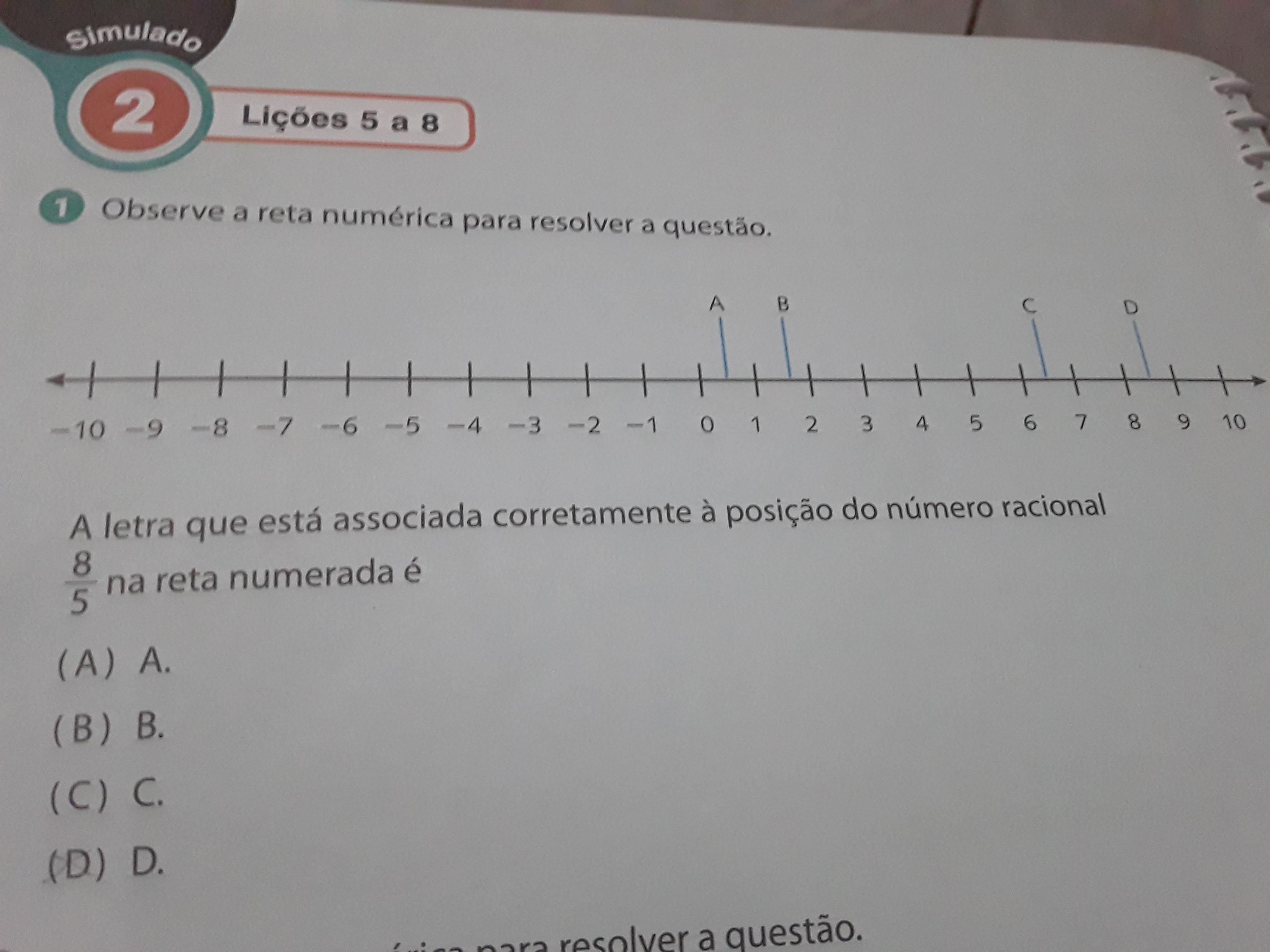 Observe a reta numérica para resolver a questãoA letra que está associada corretamente a posição número racional 8/5 na reta numerada