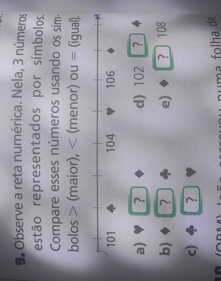 9. Observe a reta numérica. Nela, 3 números estão representados por símbolos. Compare esses números usando os sim- bolos > (maior), < (menor)